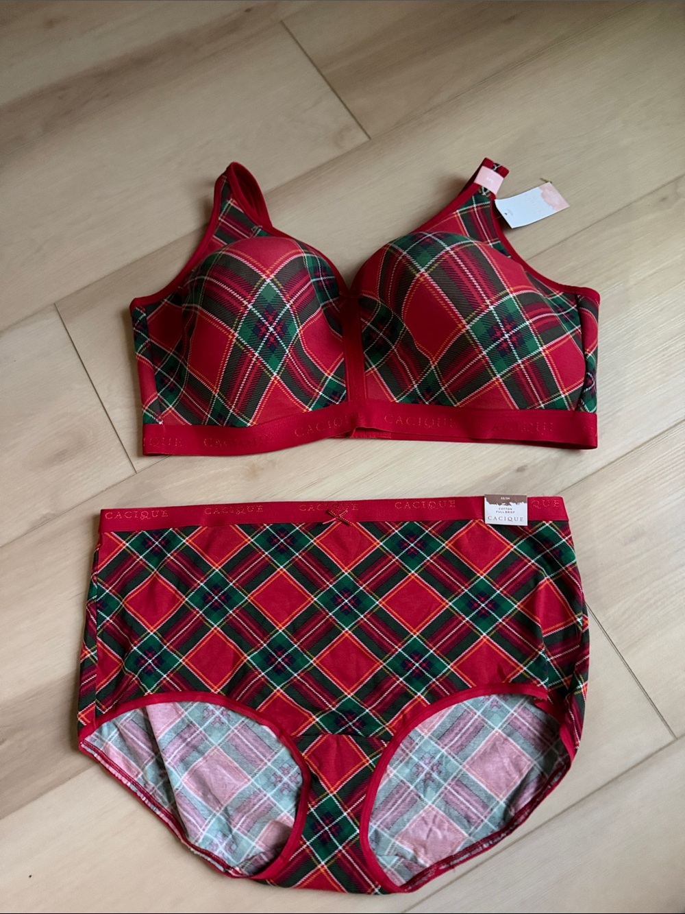 Cacique Red and Green Plaid Full-Coverage Bra with High-Rise Brief